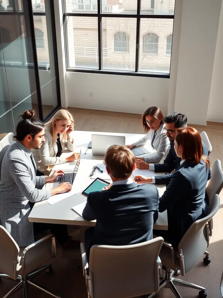 A team of business professionals collaborating in a modern office, brainstorming ideas and developing innovative solutions.