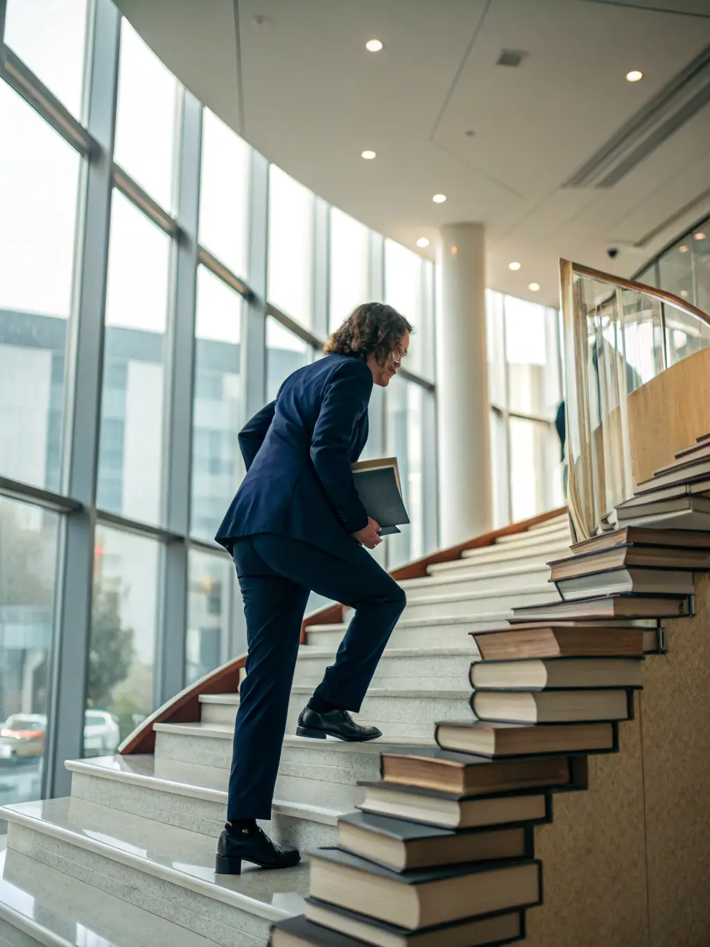A visual representation of a personal development journey, showing a person climbing stairs towards a bright future, symbolizing growth and achievement.