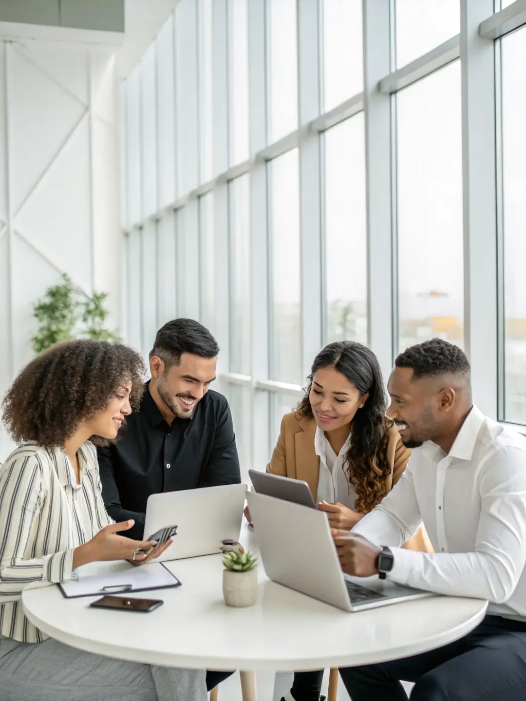 An image of a diverse team of professionals in a co-working space in Manchester, brainstorming and collaborating on business strategies, emphasizing teamwork and innovation.