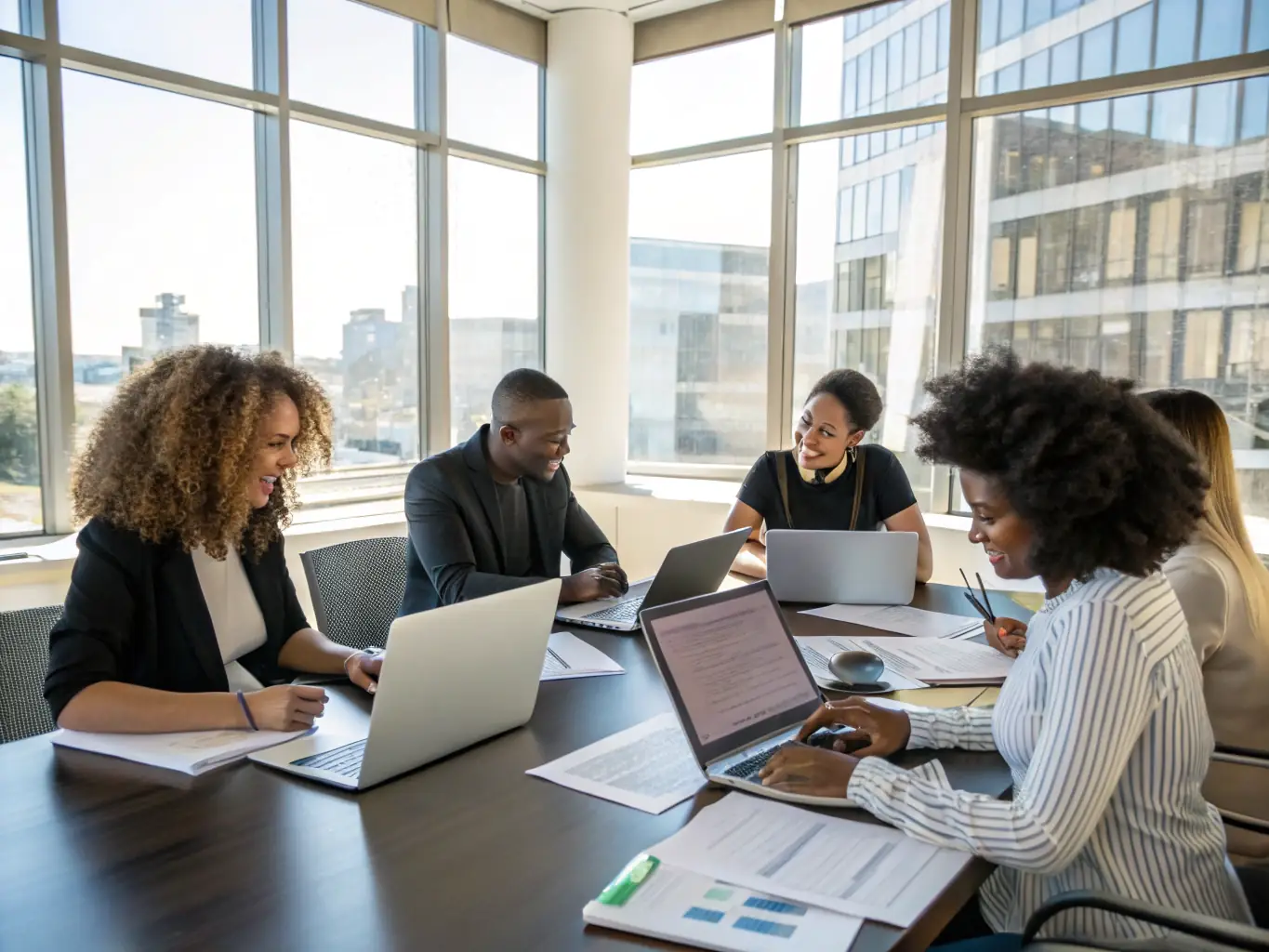 A photograph of a diverse group of business professionals participating in a workshop, actively engaged in discussions and collaborative problem-solving, symbolizing the collaborative nature of our consulting services.