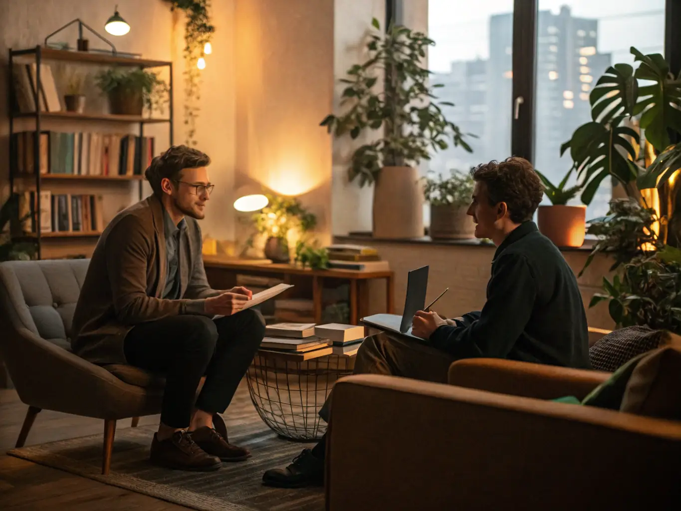 An image of a professional coach engaging with a client in a modern office setting, with charts and pulse analysis tools visible, representing the Business Coaching Program.