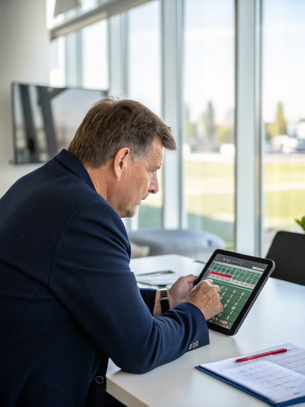 A close-up shot of a British businessman analyzing a pulse graph on a digital tablet, set against the backdrop of a modern London office, symbolizing data-driven decision-making.