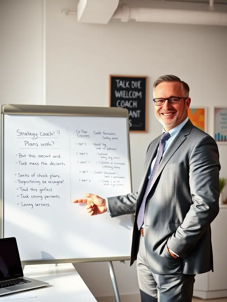 A professional business coach in a suit, smiling confidently while pointing at a growth chart during a coaching session, symbolizing strategic business growth.
